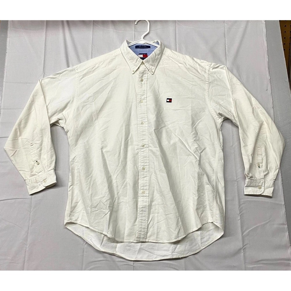 Vintage Tommy Hilfiger Shirt Men's XL White Embroidered Logo Collared Button Up
